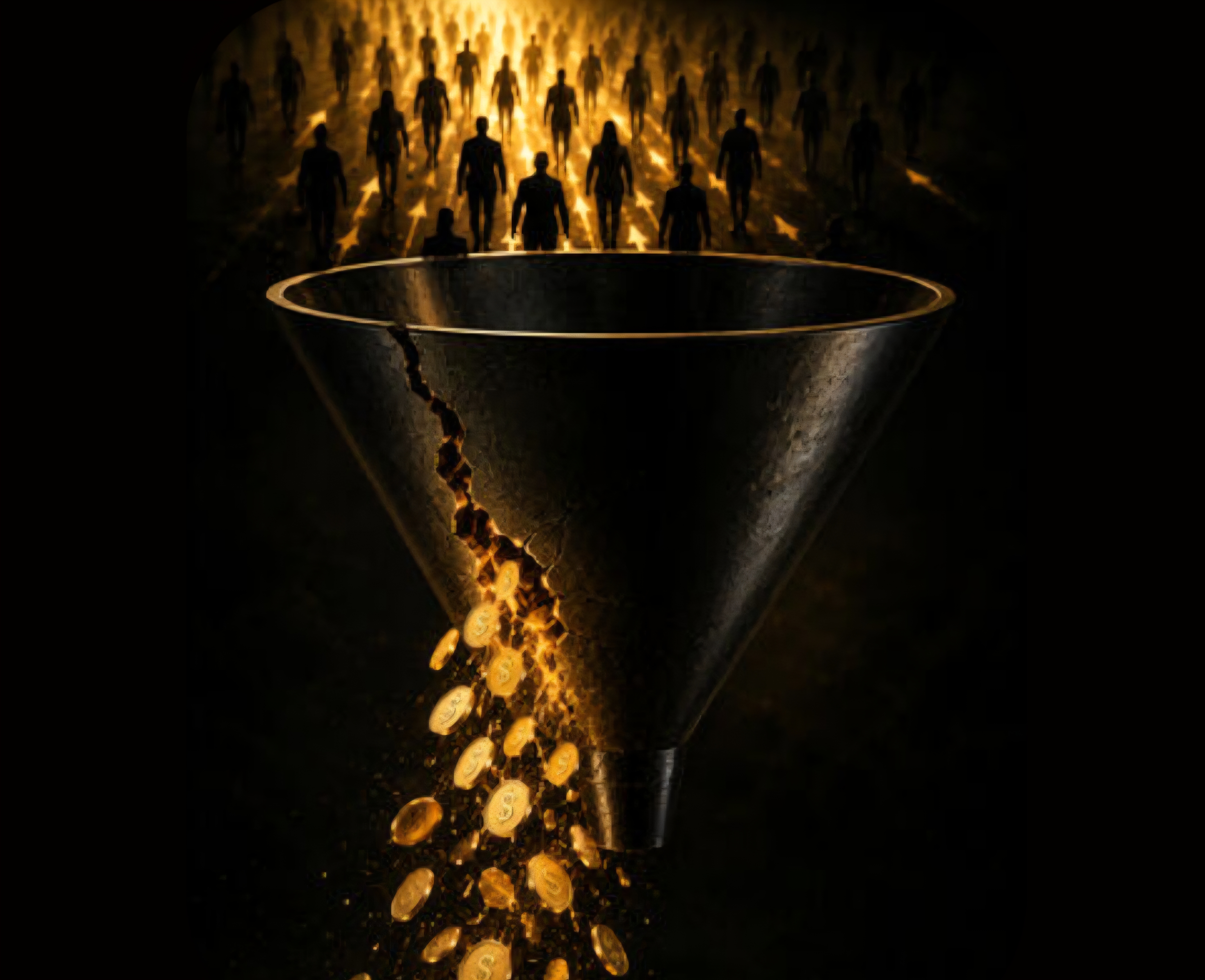 Visitors entering a cracked funnel while value leaks out